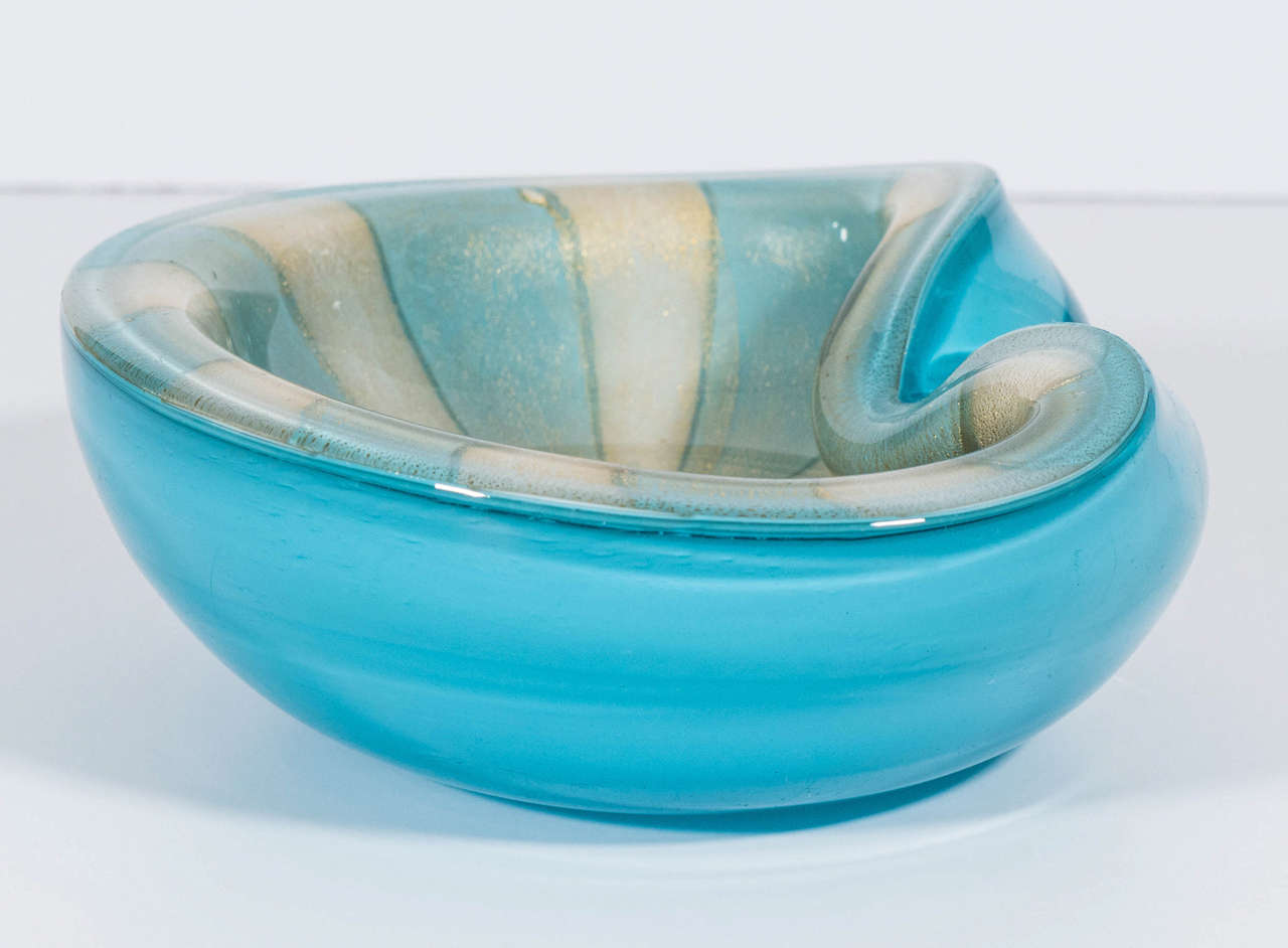 Turquoise Murano Glass Dish with Gold Stripes