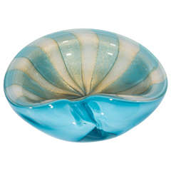 Turquoise Murano Glass Dish with Gold Stripes