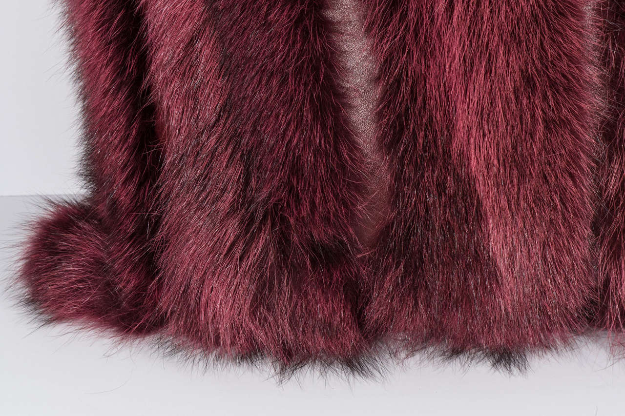 Fur Genuine Fox Pillow in Burgundy with Leather Strips