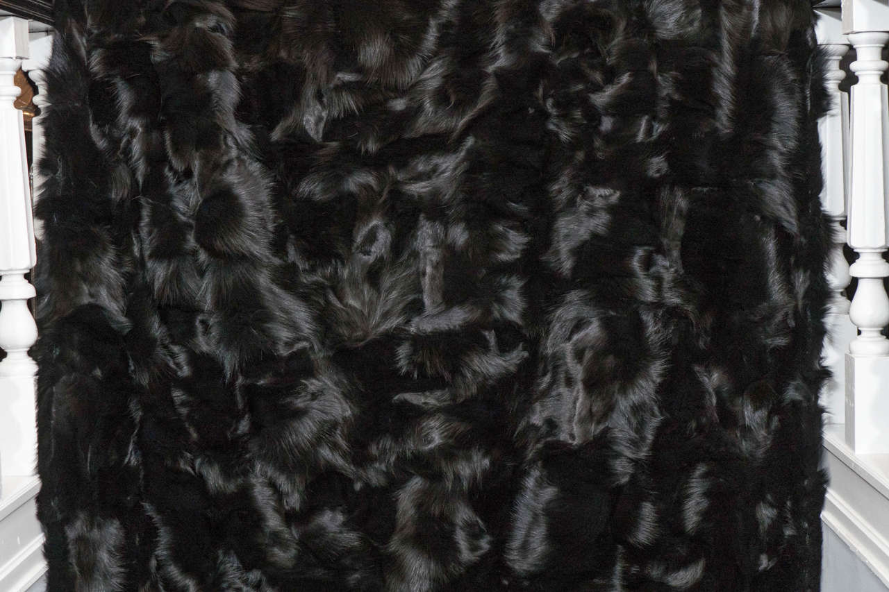 Contemporary Genuine Black Fox Blanket with Black Quilted Satin Lining