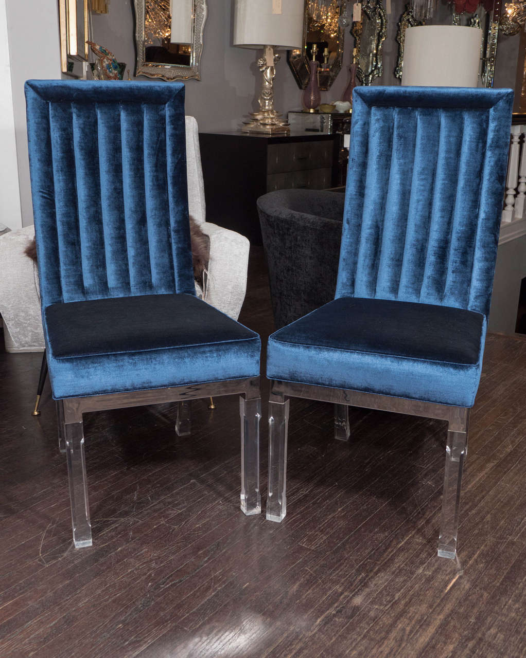 Set of Eight 1970s Charles Hollis Jones with acrylic legs ands navy blue velvet upholstery.