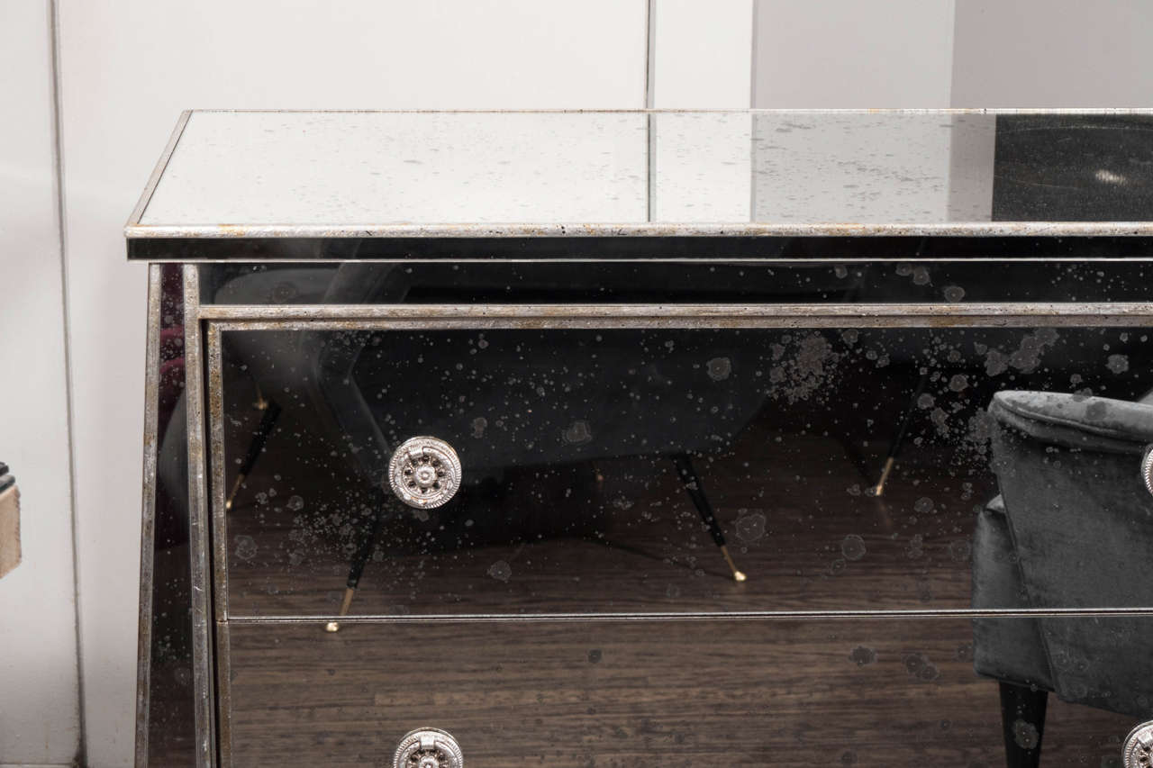 Modern Custom Ball Foot Mirrored Commode with Silver Leaf Trim For Sale