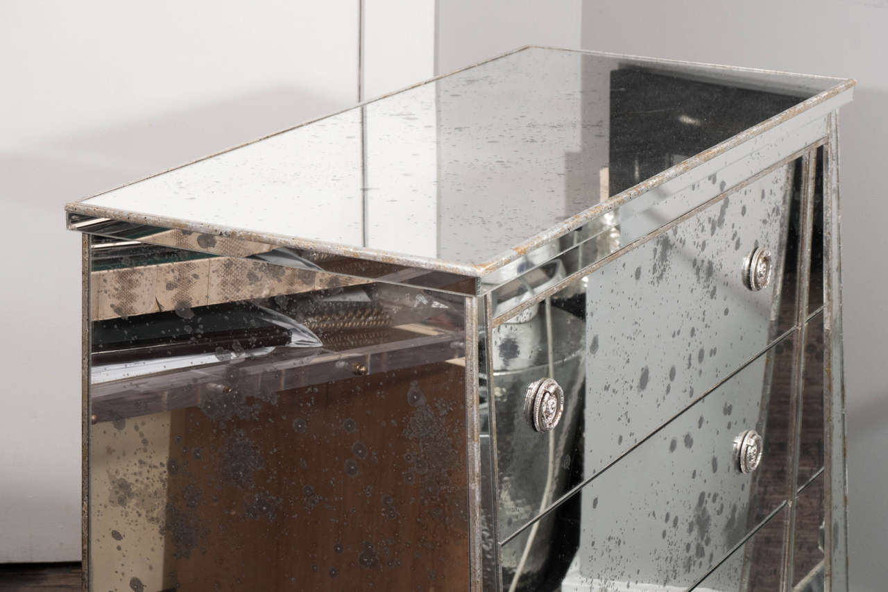 Contemporary Custom Ball Foot Mirrored Commode with Silver Leaf Trim For Sale