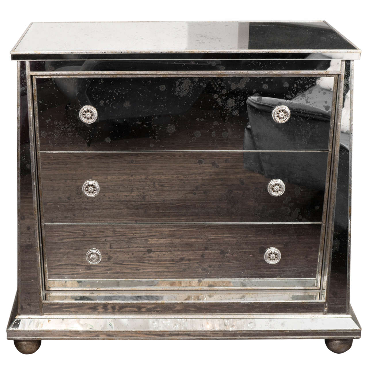  Custom Ball Foot Mirrored Commode with Silver Leaf Trim For Sale