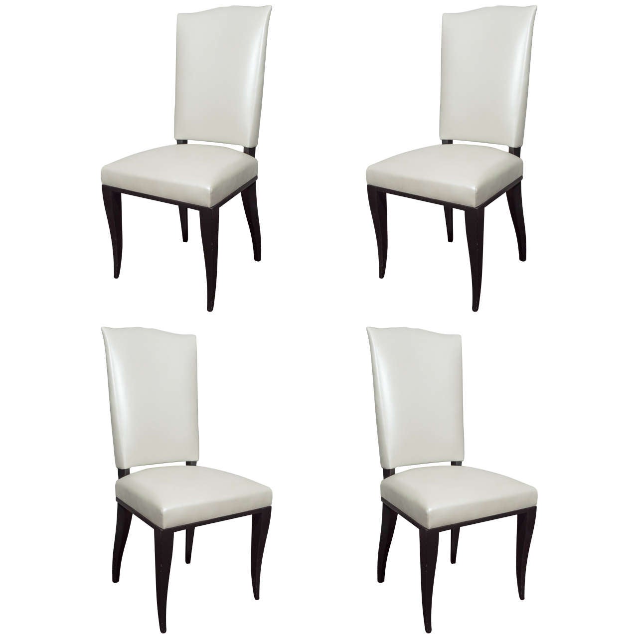 Set of Eight French Deco Ebonized Chairs with Pearlized Grey Leather