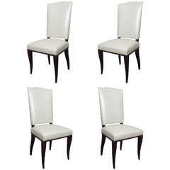 Set of Eight French Deco Ebonized Chairs with Pearlized Grey Leather