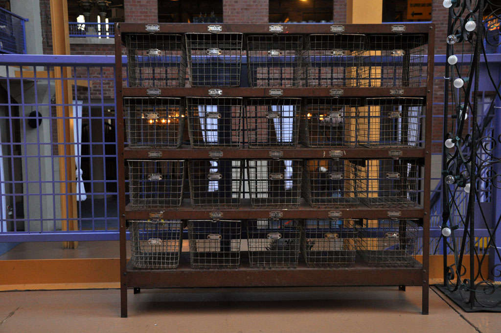 metal shelf with wire baskets from swimming pool locker room