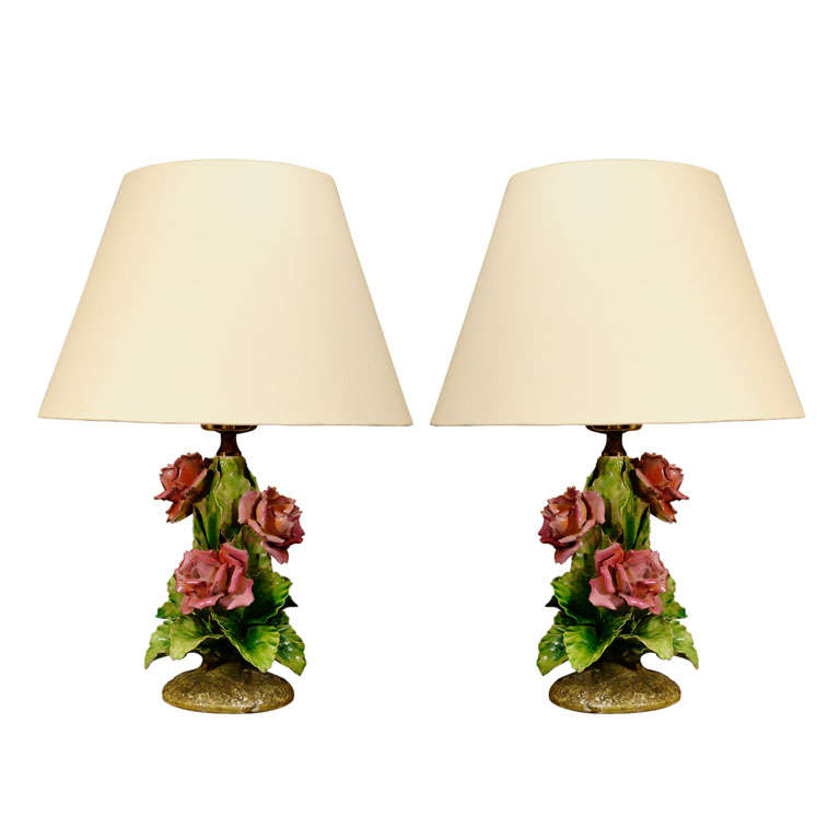 Pair of Capodimonte Porcelain Rose Table Lamps For Sale