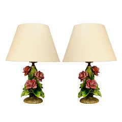 Vintage Pair of Capodimonte Porcelain Rose Table Lamps