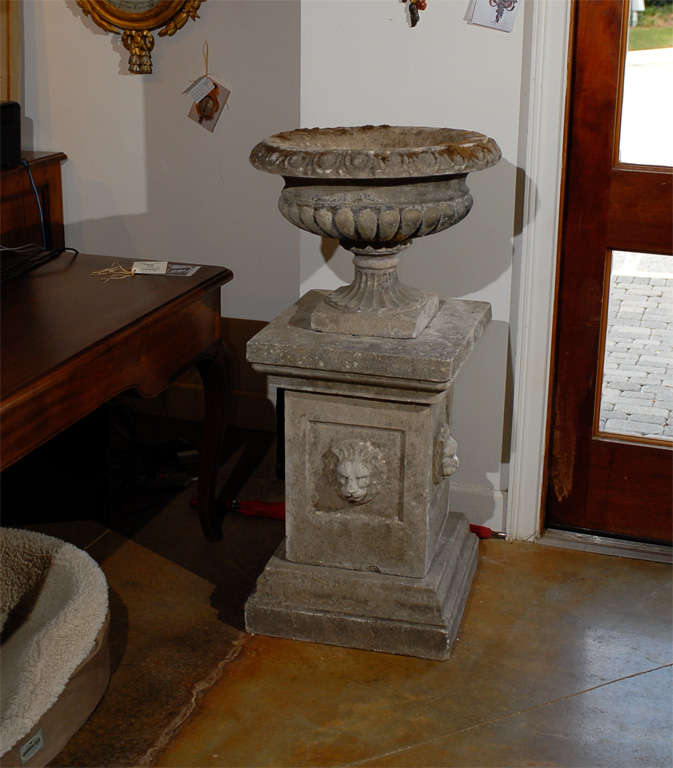 Pair of Stone Garden Urns on Plinths - Late 19th Century. Please Note These Item are Antique and are Two of a Kind. 