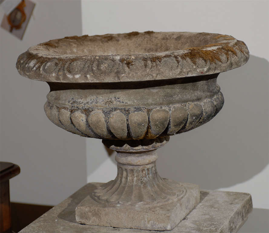 Neoclassical Pair of Stone Garden Urns on Plinths
