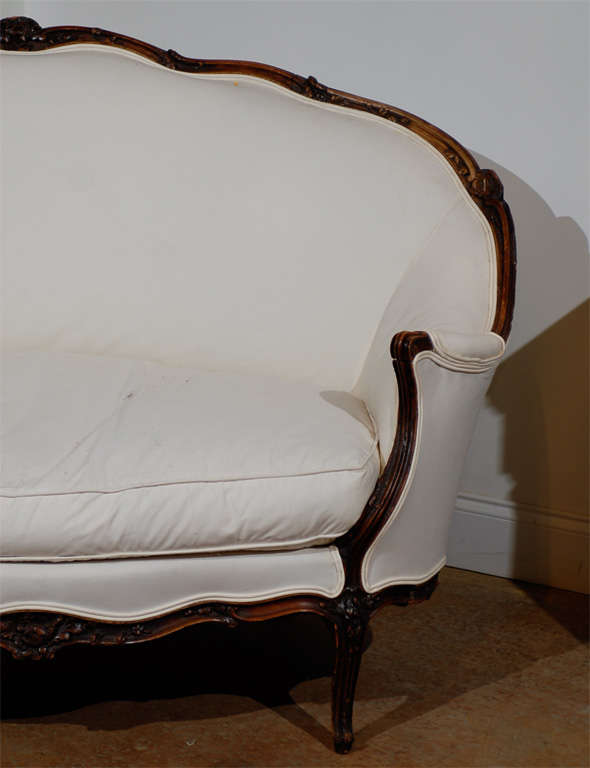 19th Century French Louis XV Style Walnut Canapé with New Upholstery and Wraparound Back
