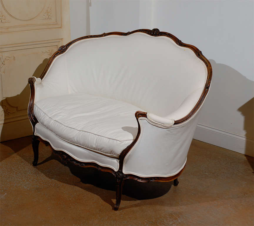 French Louis XV Style Walnut Canapé with New Upholstery and Wraparound Back 3