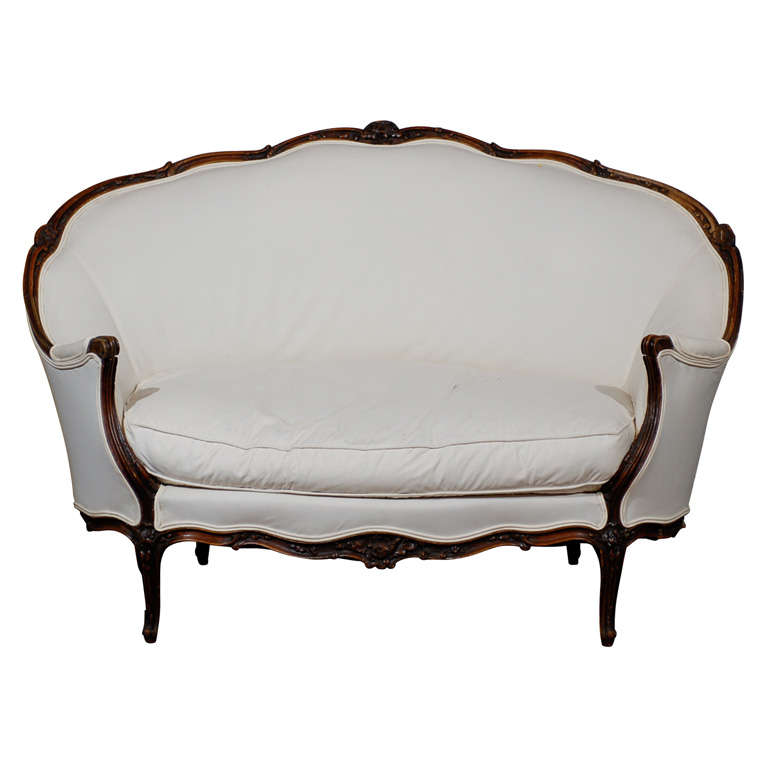 French Louis XV Style Walnut Canapé with New Upholstery and Wraparound Back