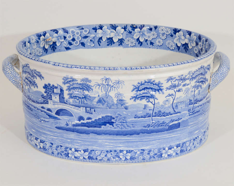 Blue and White Transferware Ceramic Footbath by Copeland and Garret Spode with Two Handles.  Ideal as a Centerpiece or Jardiniere.  England, c. 1830

19 inches wide x 12.5 inches deep x 8 inches high