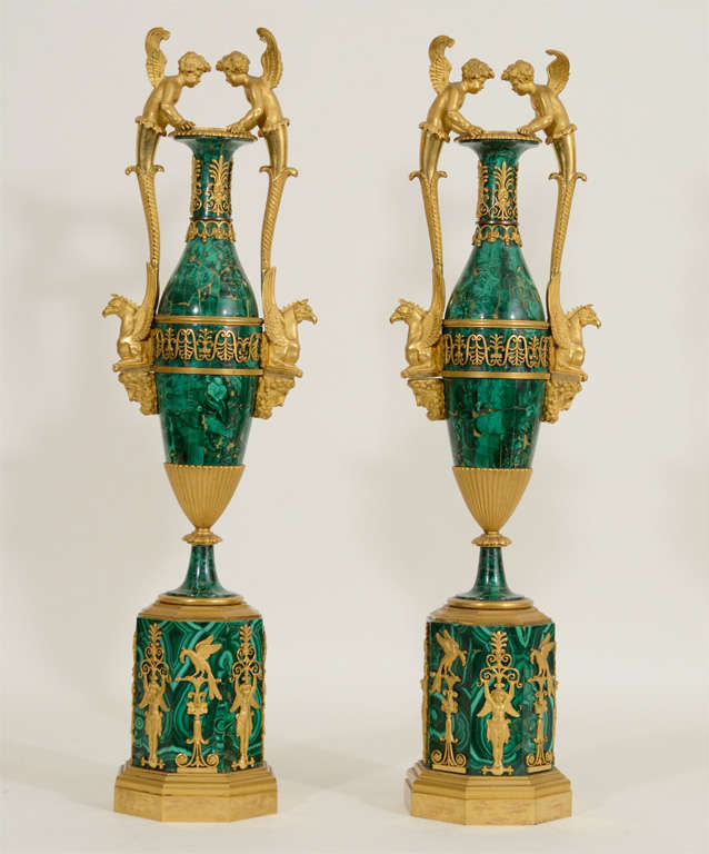 Pair Malachite and Gilt Bronze Urns, c. 1800