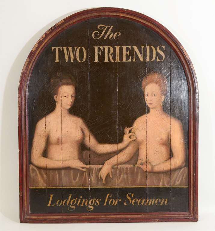 Whimsical Painted Advertising Sign Depicting Two Female Figures and Inscribed,