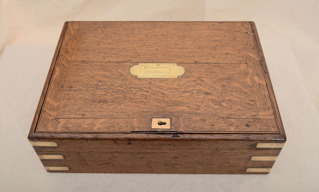 Mid 19Th. Century English Oak--- Cedar Lined Humidor. The Box Is Bound With Campaign Style Corner Brackets & A Central Recessed Pull On The Top. The Pull Is Inscribed 