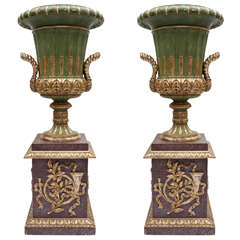 Early C20th Carved Wood Urns on Pedestals