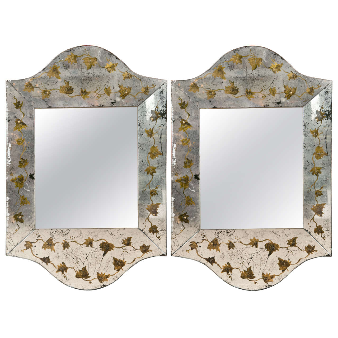 Pair of Eglomise Glass Scalloped Mirrors