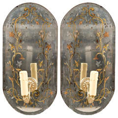 Pair of Eglomise Glass Oval Wall Sconces