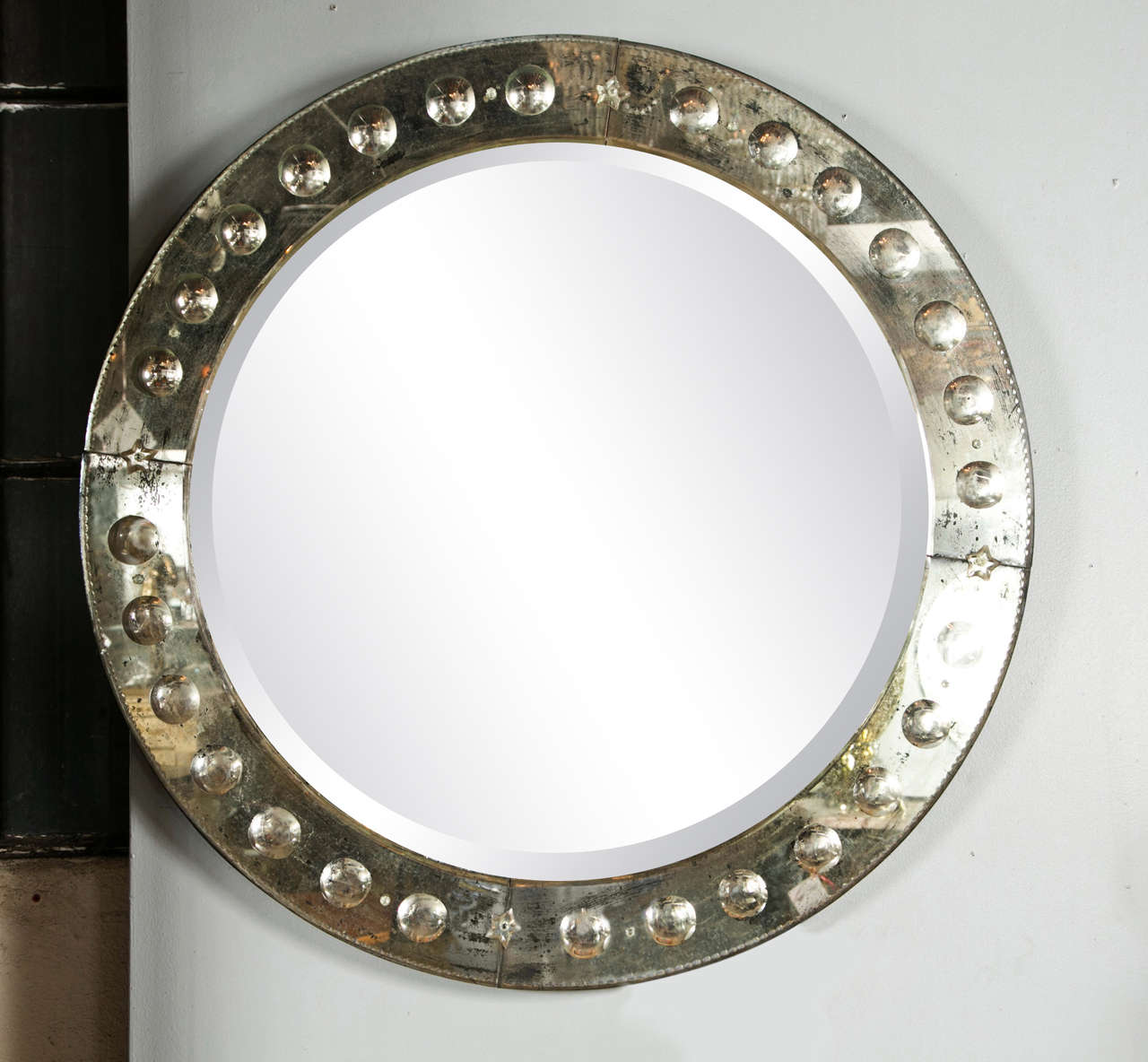 Large Round Bullseye Etched with Distressed Panel Art Deco Beveled