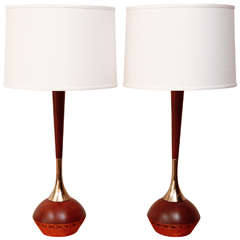 Pair of Walnut and Brass Laurel Lamps