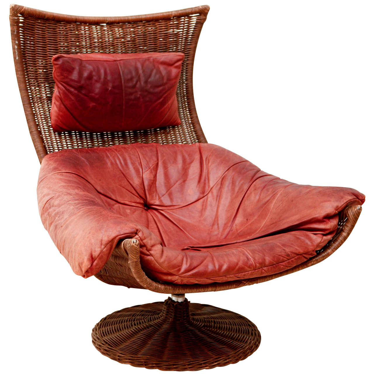 Gerard van den Berg Leather & Rattan Swivel Lounge Chair