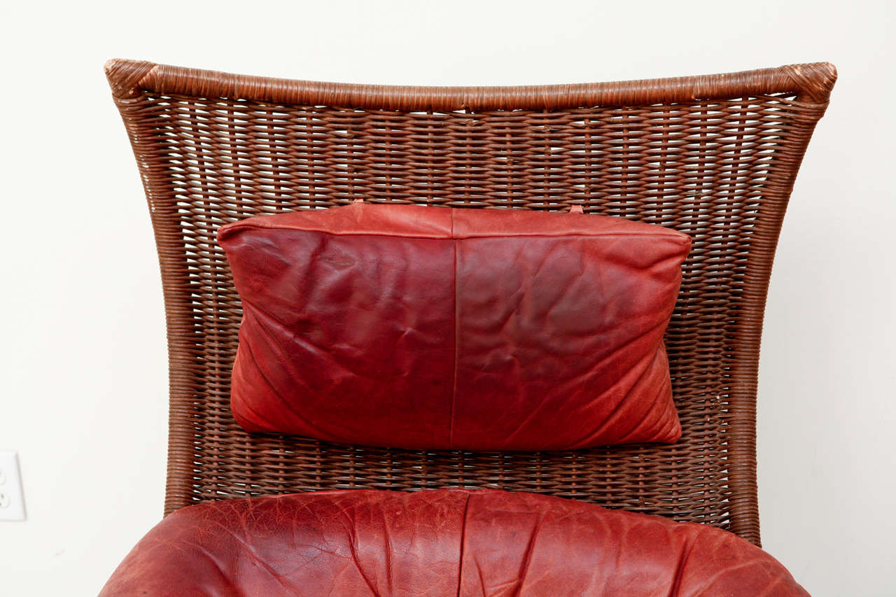 Late 20th Century Gerard van den Berg Leather & Rattan Swivel Lounge Chair