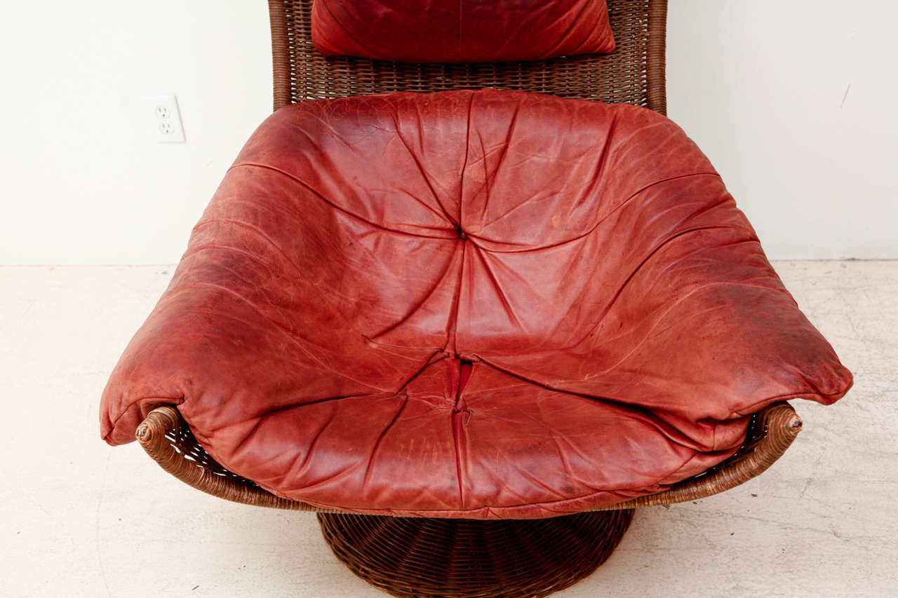 Gerard van den Berg Leather & Rattan Swivel Lounge Chair 1