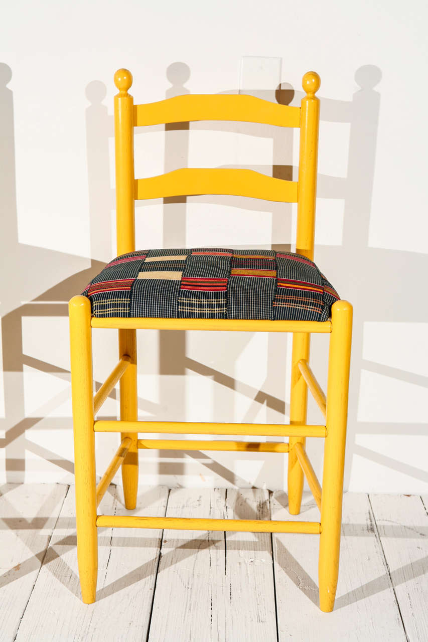 Ladder Back Counter Stools with Vintage African Fabric Seats In Excellent Condition In Los Angeles, CA