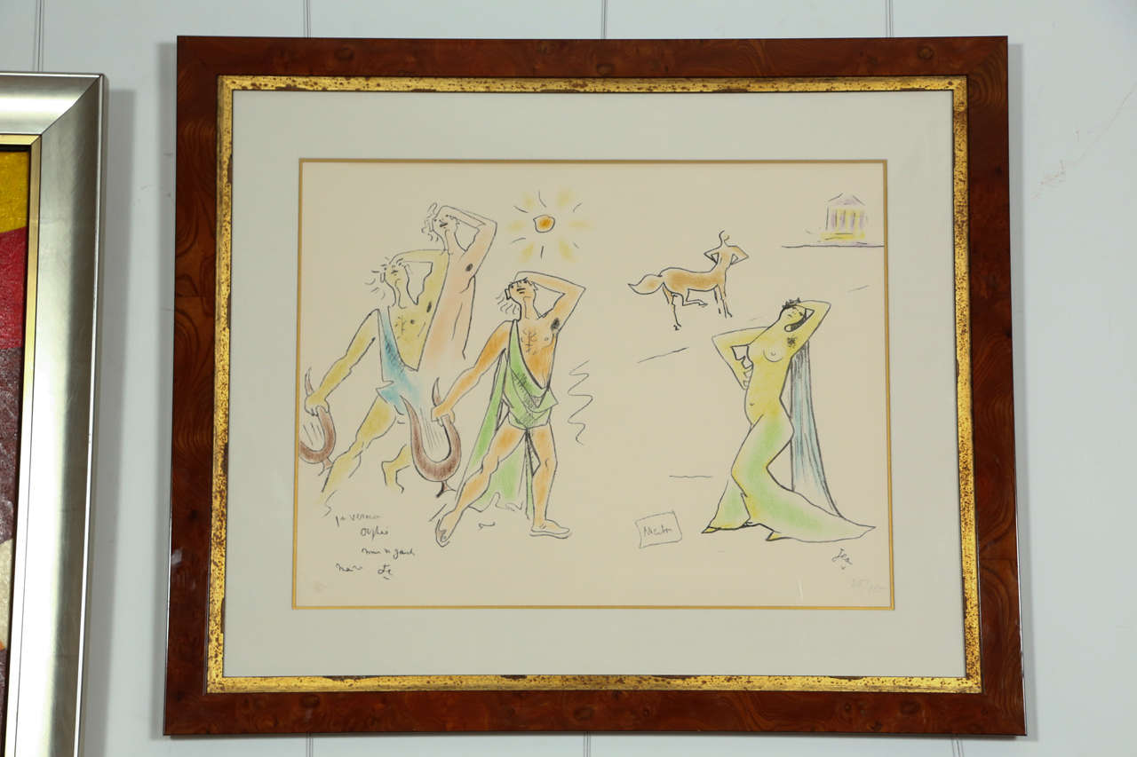 A beautiful color lithograph from the Orpheus series, from an original drawing by Jean Cocteau. The lithography is so fine that it almost appears to be an original crayon drawing. Marked with the Cocteau Estate seal in the bottom left corner,