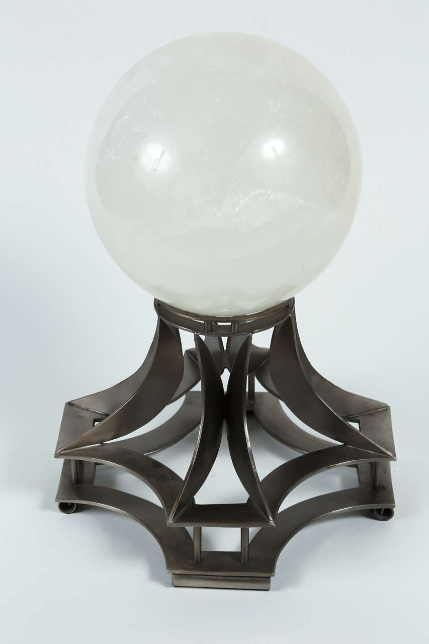 Large Rock Crystal Orb on Silvered Metal Base