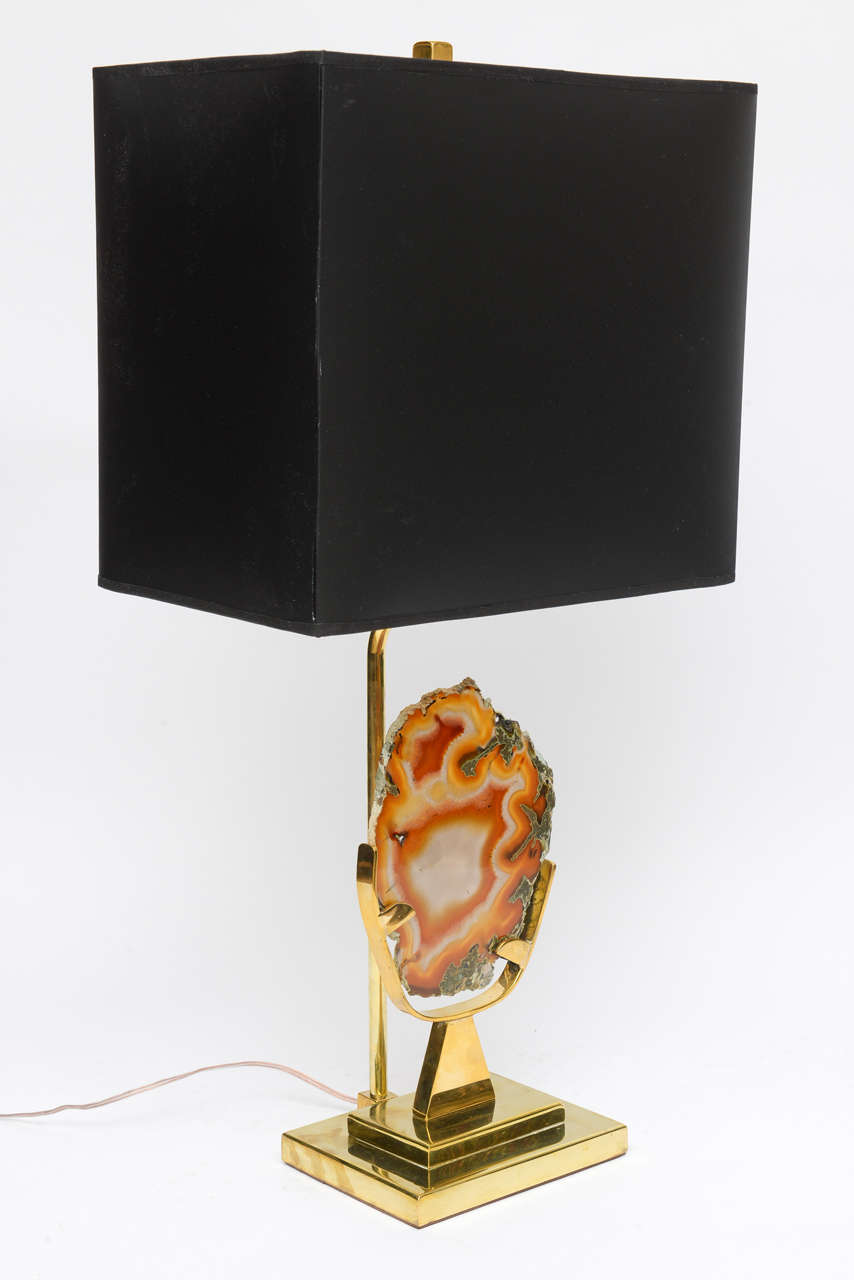 Original Brass table lamp with agate. 
Signed, Willy Daro.