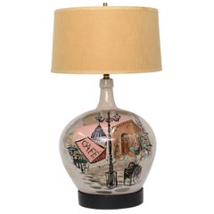Large Pottery Table Lamp with Painted Parisian Scene 1950s