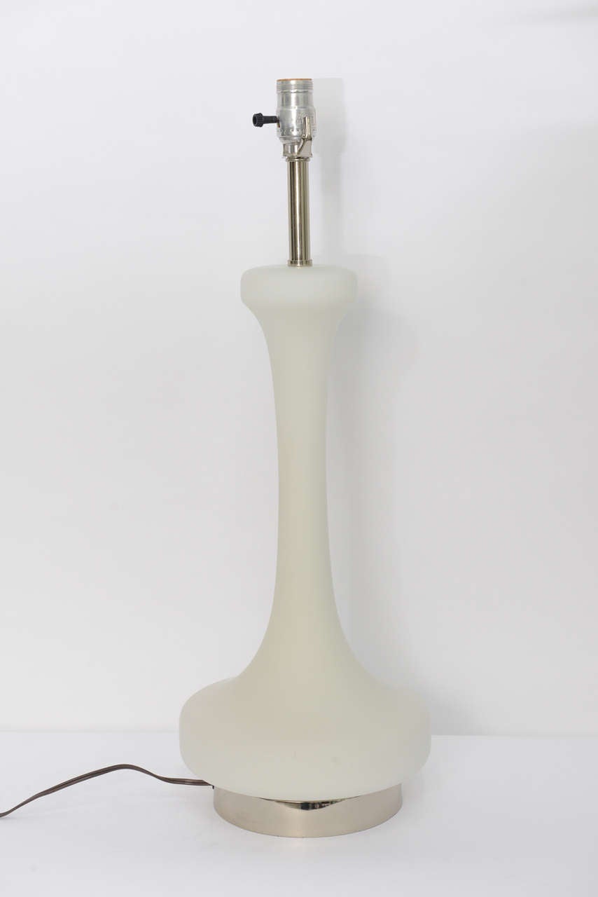 ...SOLD...An exciting architectural, 1960s, Italian import by Laurel Lamps, this blown satin glass and chrome table lamp features an upper three level socket and an inner light as well. A stylized genie bottle shape, just wonderful! Just add your