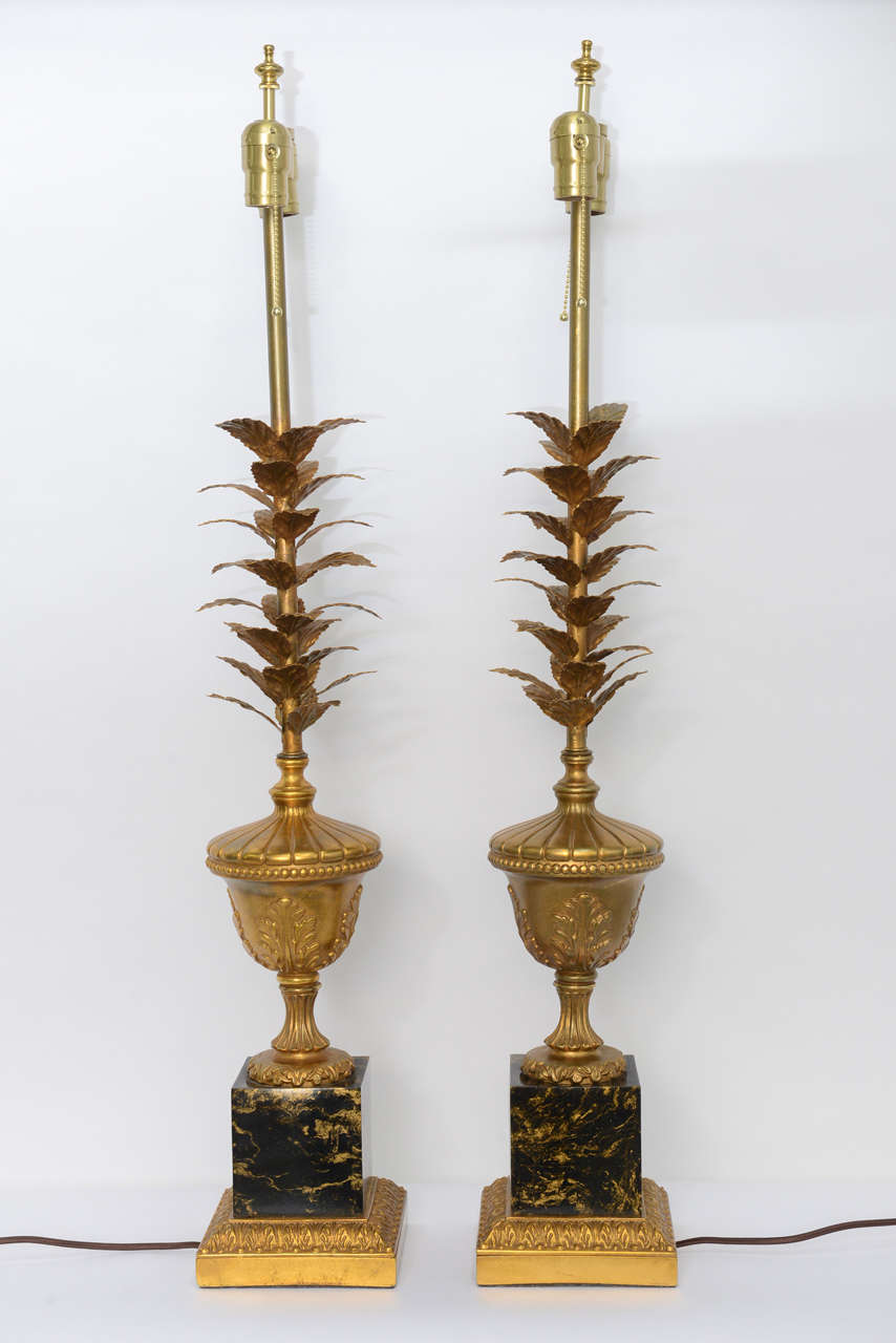 Mid-20th Century Pair of 1950s Modern Neoclassical Style Gilt and Faux Marble Table Lamps For Sale
