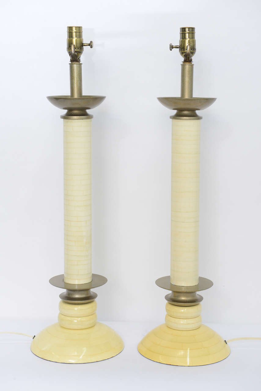 Modern Faux Tessellated Bone Columnar Table Lamps 1980s 1