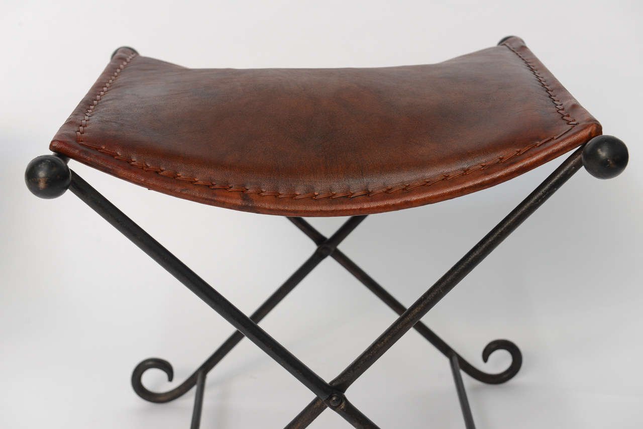 Pair of 1940s Art Deco Leather Seated Iron X-Benches 2