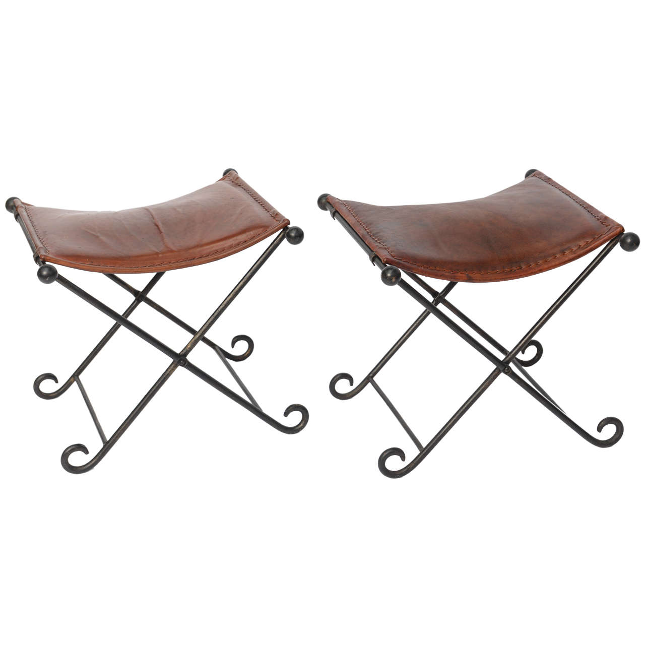 Pair of 1940s Art Deco Leather Seated Iron X-Benches