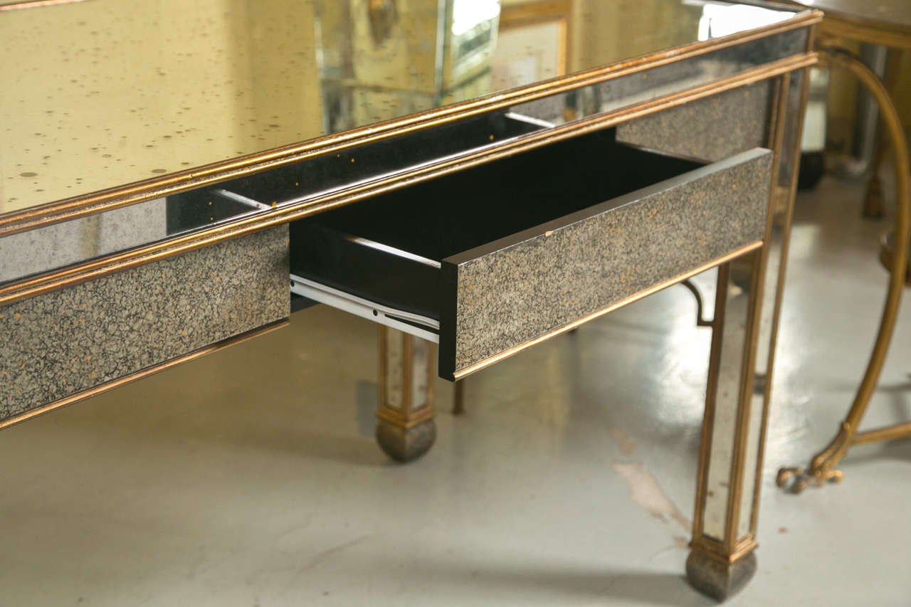 20th Century Mid-Century Modern Mirrored Desk Writing Table With Gold Painted Lined Frame 