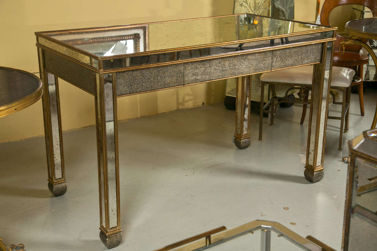Mid-Century Modern Mirrored Desk Writing Table With Gold Painted Lined Frame  4