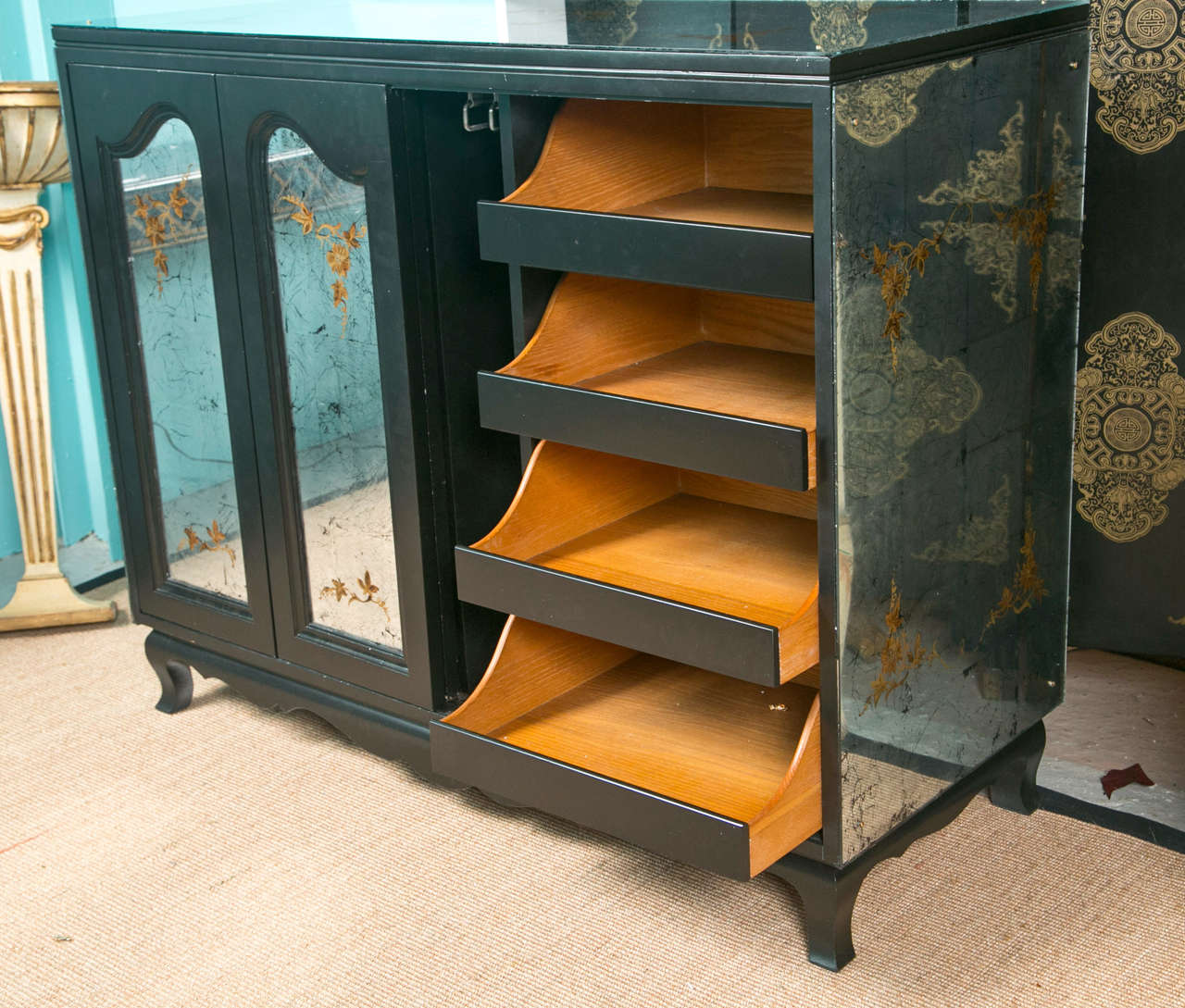 Pair of John Stuart Signed Eglomise Ebony Commode / Chest Of