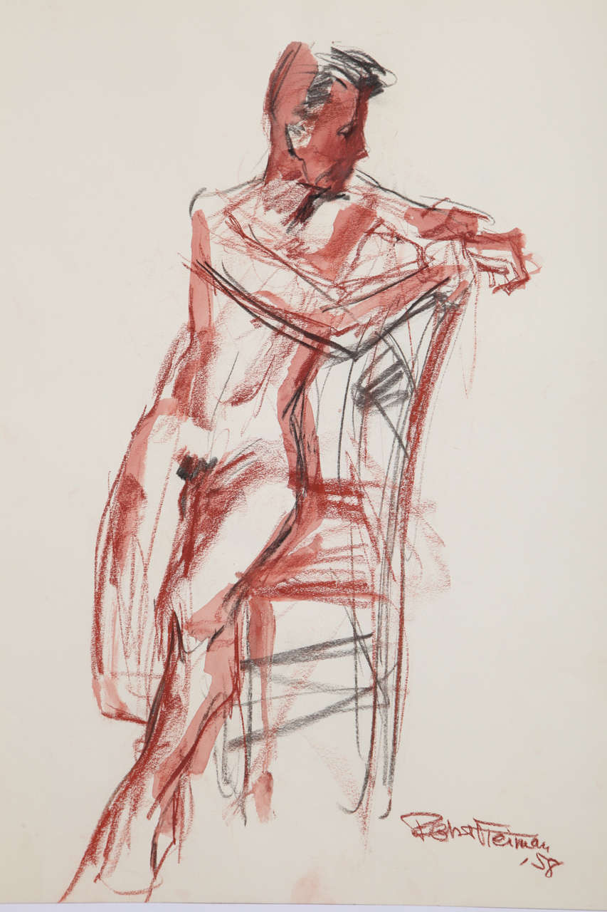 Leisurely yet exuberant representation of a male nude model by the brilliant, Robert J. Freiman. Using watercolor and charcoal as his medium, Freiman pushes his subject out of the portrait and enlivens each piece with vibrant hues of motion and