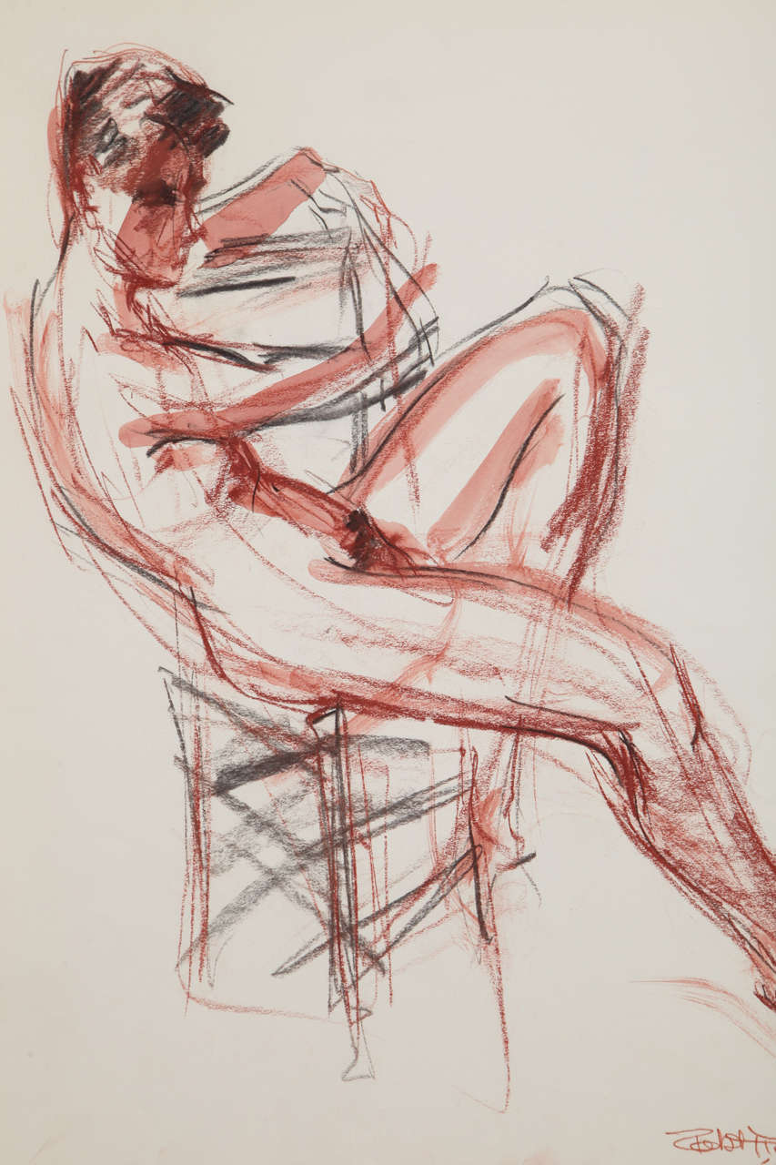 Leisurely yet exuberant representation of a male nude model by the brilliant, Robert J. Freiman. Using watercolor and charcoal as his medium, Freiman pushes his subject out of the portrait and enlivens each piece with vibrant hues of motion and