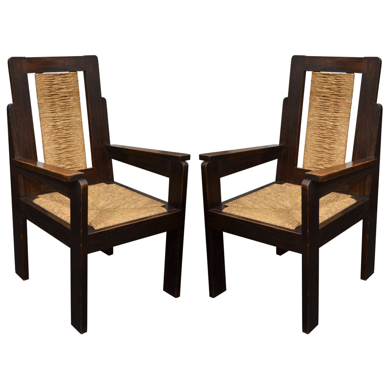 Pair of Wooden Armchairs with Rush Seats by Sornay