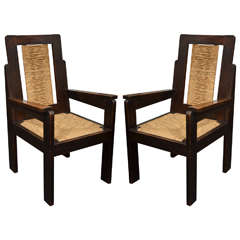 Pair of Wooden Armchairs with Rush Seats by Sornay