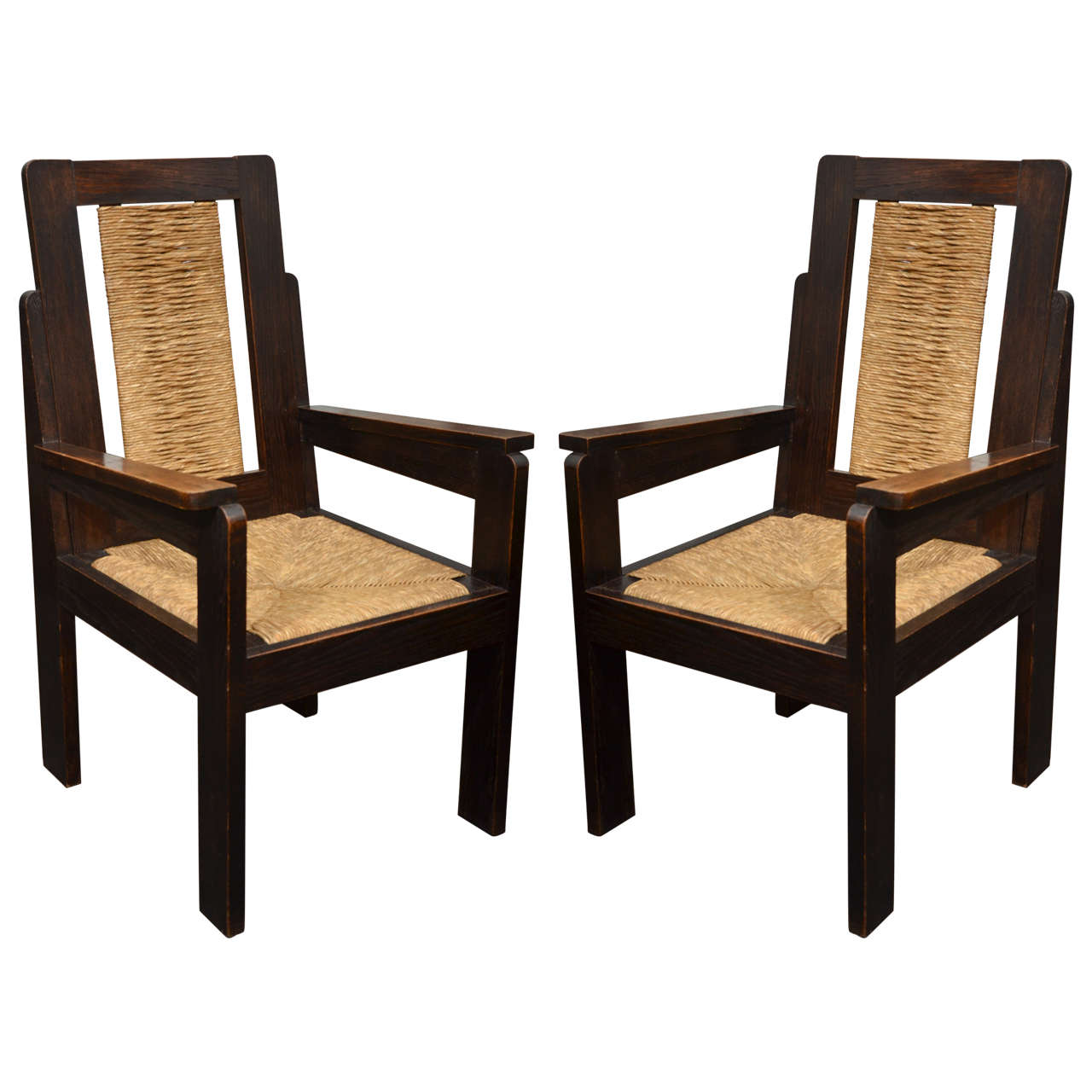 Pair of Wooden Armchairs with Rush Seats by Sornay at 1stDibs