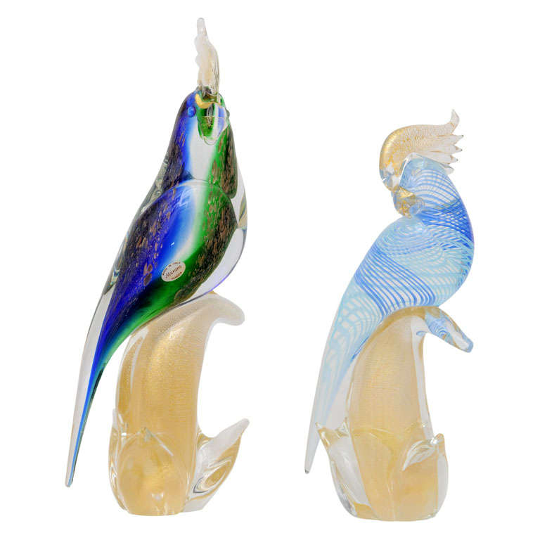 Set of Two Mid-Century Modern Murano-Glass Exotic Birds (Cockatoo and Parrot)