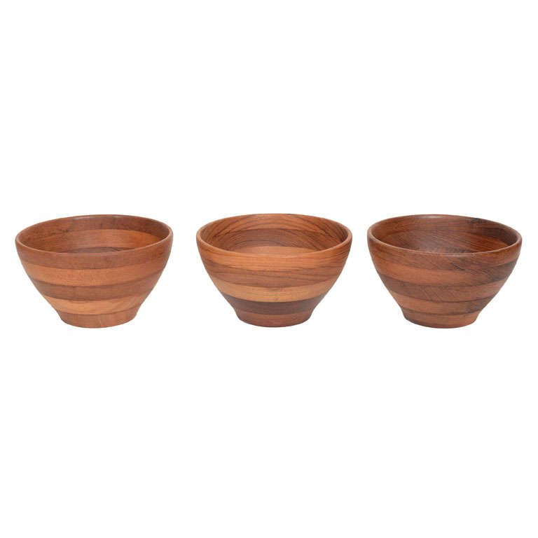 Trio of Solid Danish Modern Teak Turned Wooden Bowls For Sale
